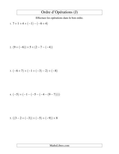 Ordre des opérations avec nombres entiers (cinq étapes) -- Addition, soustraction et multiplication (J)