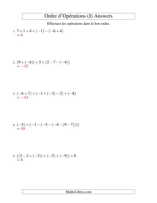 Ordre des opérations avec nombres entiers (cinq étapes) -- Addition, soustraction et multiplication (J) page 2