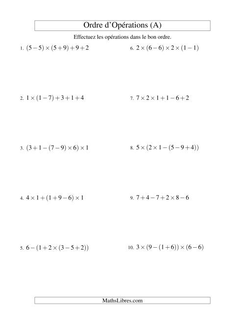 Ordre des opérations avec nombres entiers (cinq étapes) -- Addition, soustraction et multiplication (nombres positifs seulement) (Ancien)