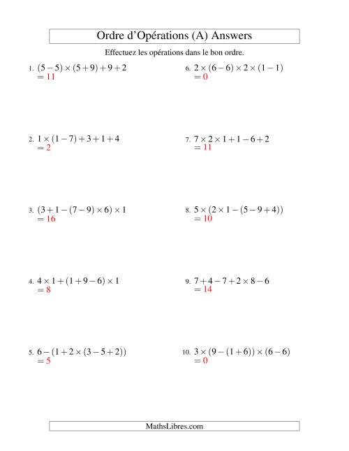 Ordre des opérations avec nombres entiers (cinq étapes) -- Addition, soustraction et multiplication (nombres positifs seulement) (Ancien) page 2
