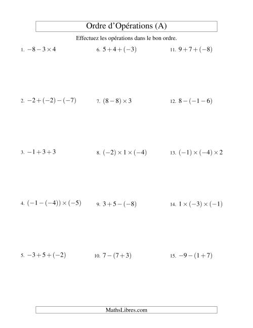 Ordre des opérations avec nombres entiers (deux étapes) -- Addition, soustraction et multiplication (A)