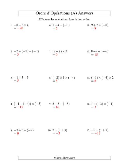 Ordre des opérations avec nombres entiers (deux étapes) -- Addition, soustraction et multiplication (A) page 2
