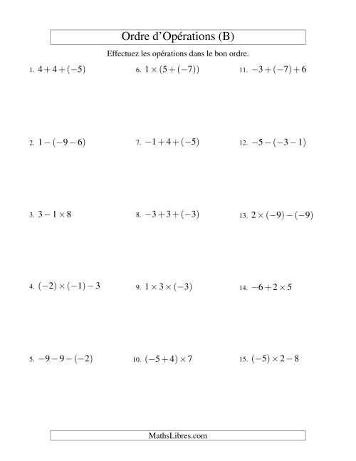 Ordre des opérations avec nombres entiers (deux étapes) -- Addition, soustraction et multiplication (B)