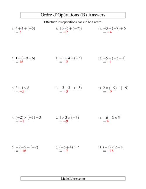Ordre des opérations avec nombres entiers (deux étapes) -- Addition, soustraction et multiplication (B) page 2