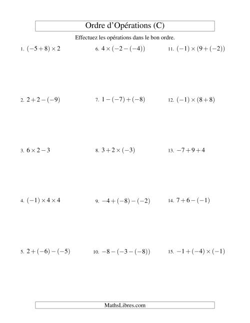 Ordre des opérations avec nombres entiers (deux étapes) -- Addition, soustraction et multiplication (C)