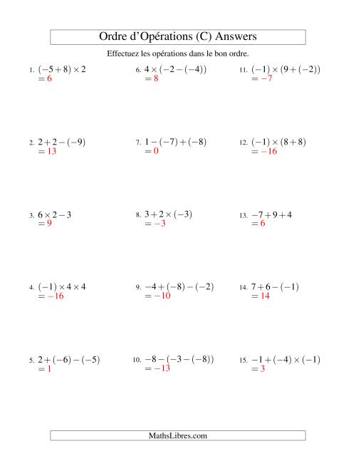 Ordre des opérations avec nombres entiers (deux étapes) -- Addition, soustraction et multiplication (C) page 2