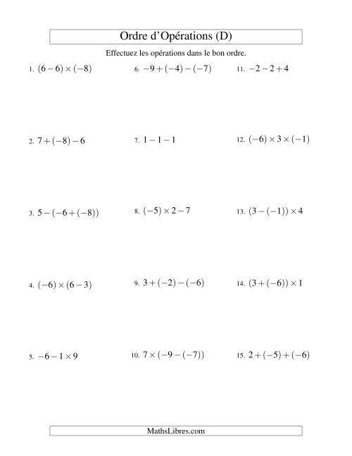 Ordre des opérations avec nombres entiers (deux étapes) -- Addition, soustraction et multiplication (D)