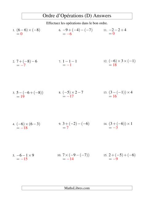Ordre des opérations avec nombres entiers (deux étapes) -- Addition, soustraction et multiplication (D) page 2