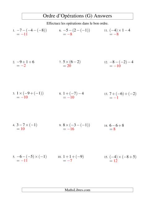 Ordre des opérations avec nombres entiers (deux étapes) -- Addition, soustraction et multiplication (G) page 2