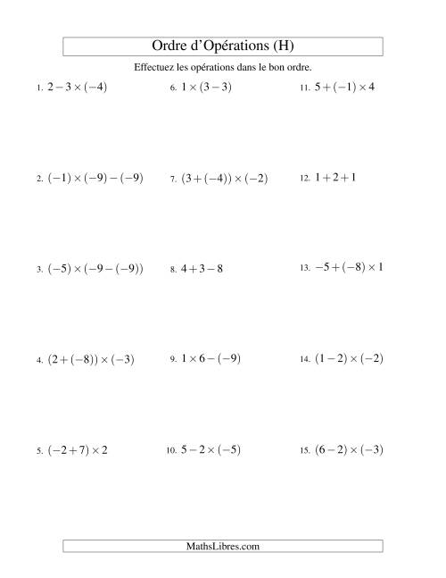 Ordre des opérations avec nombres entiers (deux étapes) -- Addition, soustraction et multiplication (H)