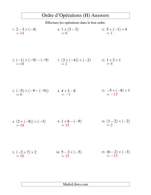 Ordre des opérations avec nombres entiers (deux étapes) -- Addition, soustraction et multiplication (H) page 2