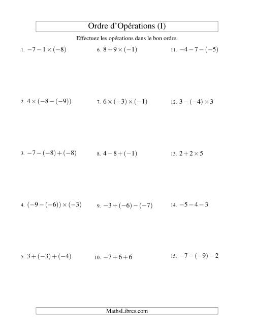 Ordre des opérations avec nombres entiers (deux étapes) -- Addition, soustraction et multiplication (I)