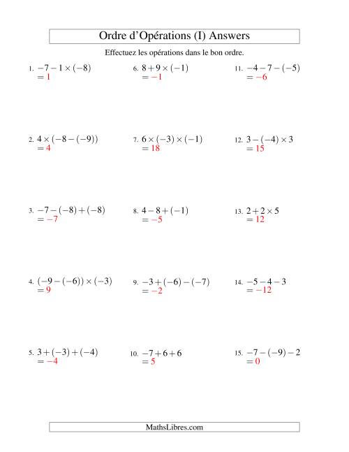 Ordre des opérations avec nombres entiers (deux étapes) -- Addition, soustraction et multiplication (I) page 2