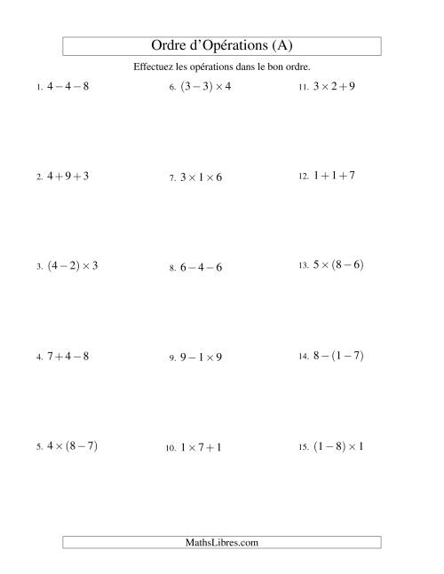 Ordre des opérations avec nombres entiers (deux étapes) -- Addition, soustraction et multiplication (nombres positifs seulement) (Ancien)