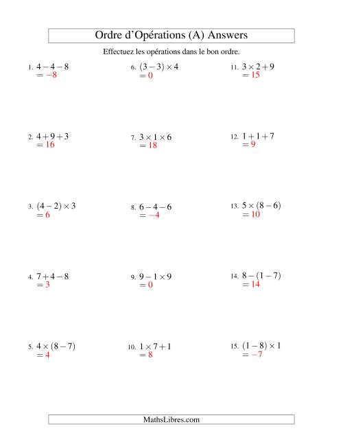 Ordre des opérations avec nombres entiers (deux étapes) -- Addition, soustraction et multiplication (nombres positifs seulement) (Ancien) page 2