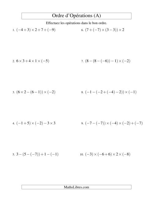 Ordre des opérations avec nombres entiers (quatre étapes) -- Addition, soustraction et multiplication (A)