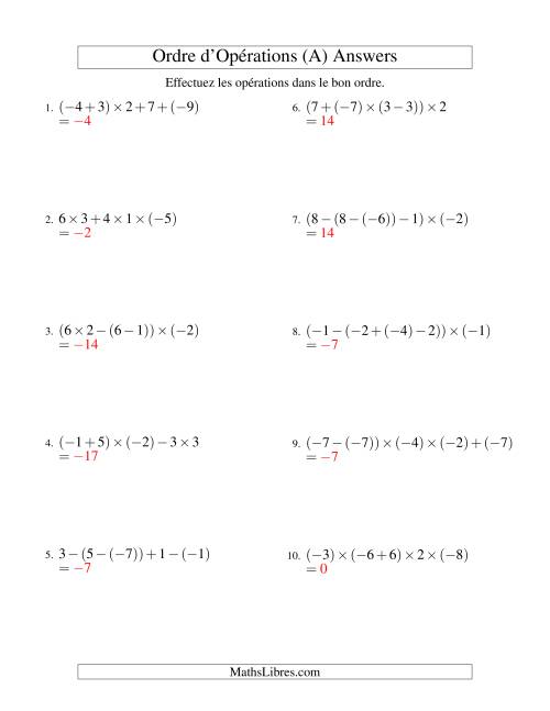 Ordre des opérations avec nombres entiers (quatre étapes) -- Addition, soustraction et multiplication (A) page 2