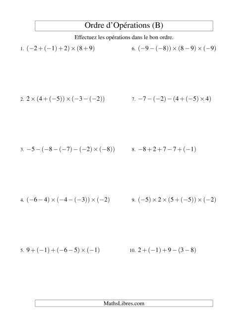 Ordre des opérations avec nombres entiers (quatre étapes) -- Addition, soustraction et multiplication (B)