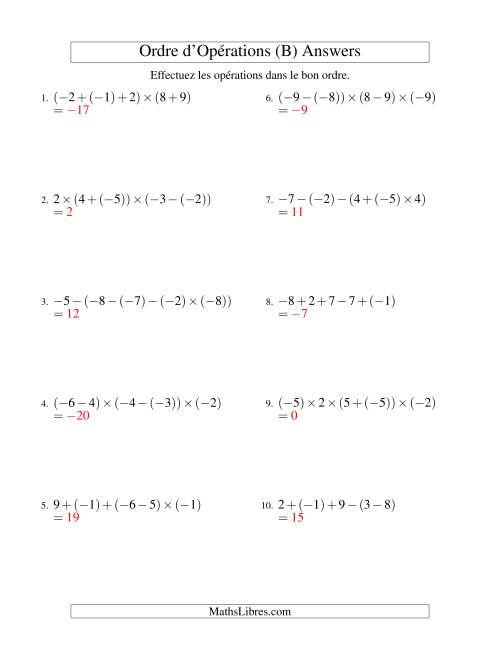 Ordre des opérations avec nombres entiers (quatre étapes) -- Addition, soustraction et multiplication (B) page 2