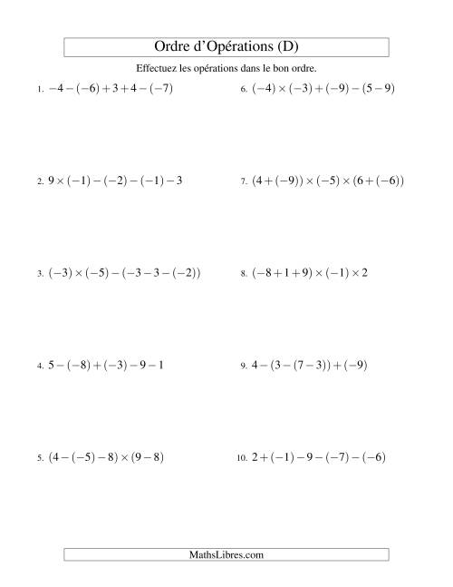 Ordre des opérations avec nombres entiers (quatre étapes) -- Addition, soustraction et multiplication (D)