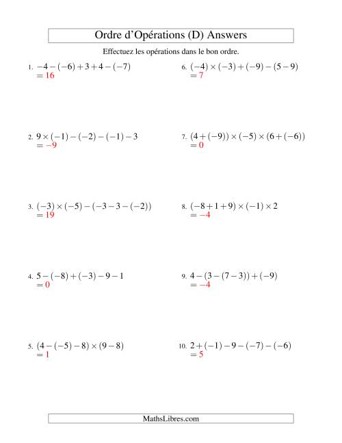 Ordre des opérations avec nombres entiers (quatre étapes) -- Addition, soustraction et multiplication (D) page 2