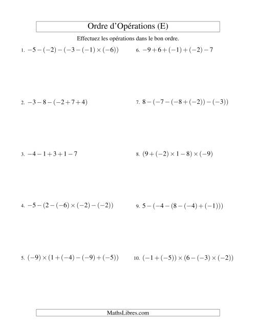 Ordre des opérations avec nombres entiers (quatre étapes) -- Addition, soustraction et multiplication (E)