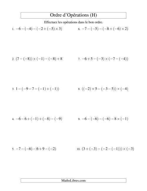 Ordre des opérations avec nombres entiers (quatre étapes) -- Addition, soustraction et multiplication (H)