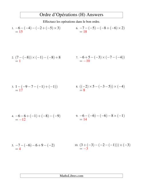 Ordre des opérations avec nombres entiers (quatre étapes) -- Addition, soustraction et multiplication (H) page 2