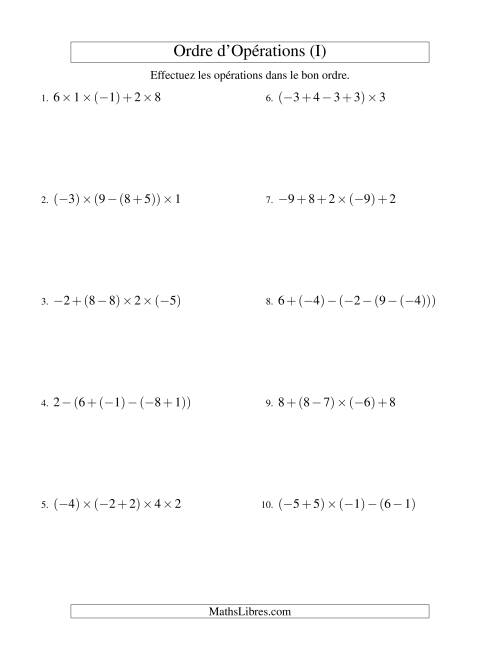 Ordre des opérations avec nombres entiers (quatre étapes) -- Addition, soustraction et multiplication (I)