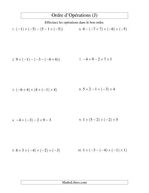 Ordre des opérations avec nombres entiers (quatre étapes) -- Addition, soustraction et multiplication (J)