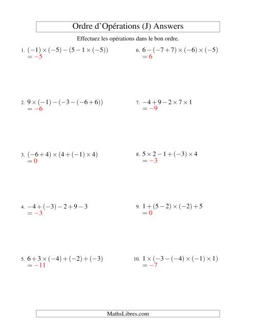 Ordre des opérations avec nombres entiers (quatre étapes) -- Addition, soustraction et multiplication (J) page 2