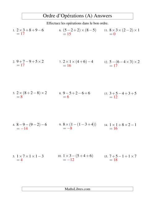 Ordre des opérations avec nombres entiers (quatre étapes) -- Addition, soustraction et multiplication (nombres positifs seulement) (Ancien) page 2