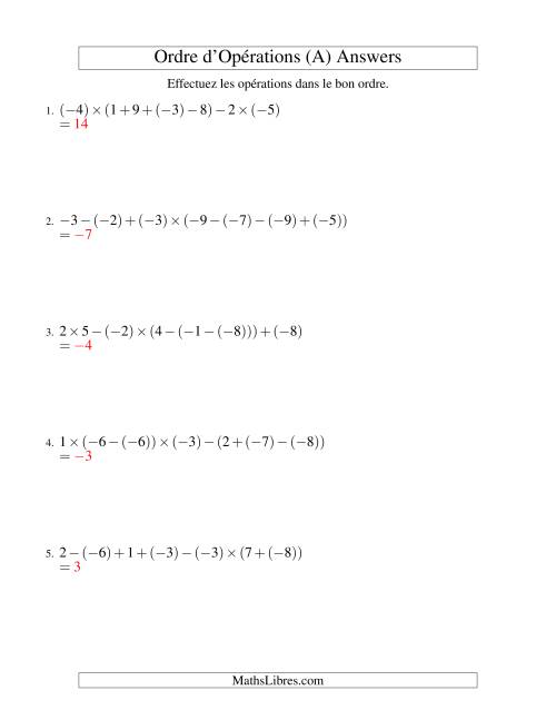 Ordre des opérations avec nombres entiers (six étapes) -- Addition, soustraction et multiplication (A) page 2