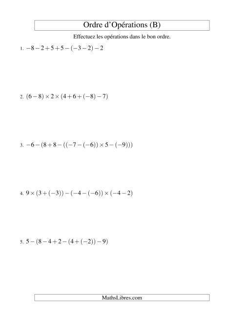 Ordre des opérations avec nombres entiers (six étapes) -- Addition, soustraction et multiplication (B)