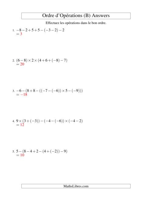 Ordre des opérations avec nombres entiers (six étapes) -- Addition, soustraction et multiplication (B) page 2
