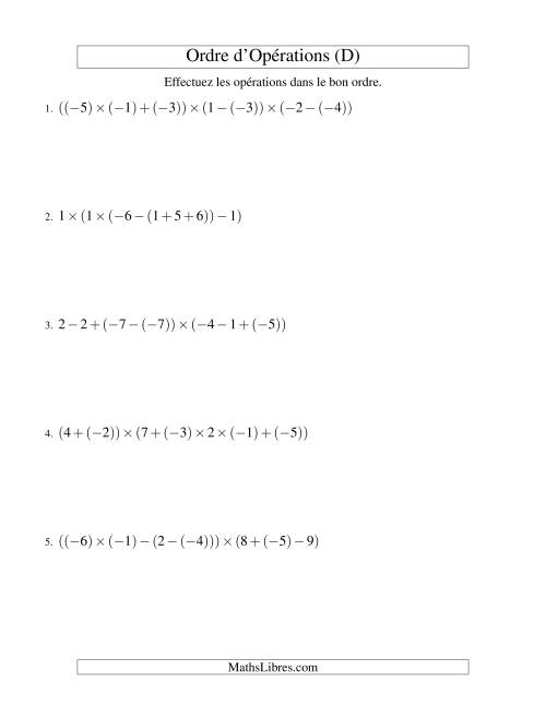 Ordre des opérations avec nombres entiers (six étapes) -- Addition, soustraction et multiplication (D)