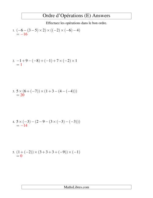 Ordre des opérations avec nombres entiers (six étapes) -- Addition, soustraction et multiplication (E) page 2