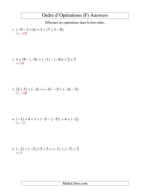 Ordre des opérations avec nombres entiers (six étapes) -- Addition, soustraction et multiplication (F) page 2