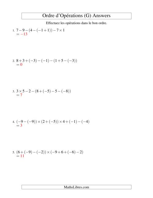 Ordre des opérations avec nombres entiers (six étapes) -- Addition, soustraction et multiplication (G) page 2