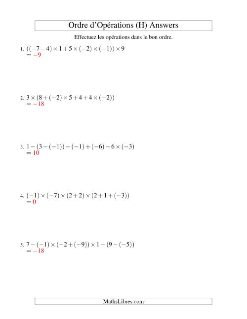 Ordre des opérations avec nombres entiers (six étapes) -- Addition, soustraction et multiplication (H) page 2