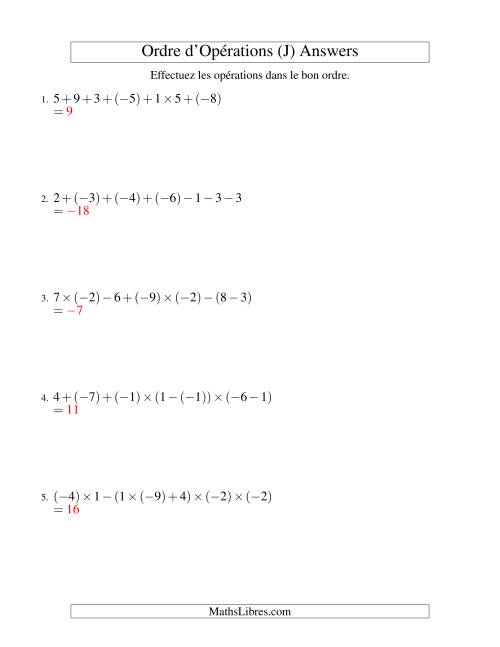 Ordre des opérations avec nombres entiers (six étapes) -- Addition, soustraction et multiplication (J) page 2