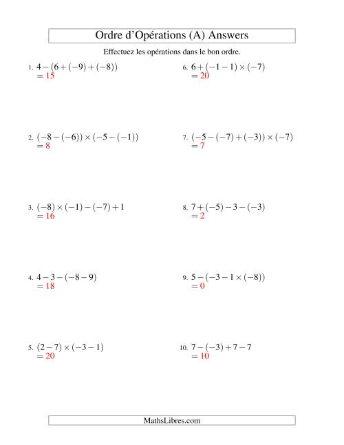 Ordre des opérations avec nombres entiers (trois étapes) -- Addition, soustraction et multiplication (A) page 2
