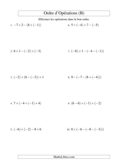 Ordre des opérations avec nombres entiers (trois étapes) -- Addition, soustraction et multiplication (B)