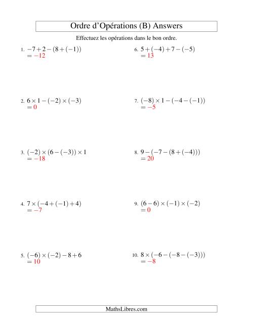 Ordre des opérations avec nombres entiers (trois étapes) -- Addition, soustraction et multiplication (B) page 2