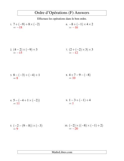 Ordre des opérations avec nombres entiers (trois étapes) -- Addition, soustraction et multiplication (F) page 2