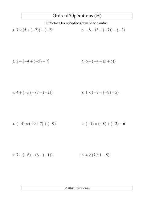 Ordre des opérations avec nombres entiers (trois étapes) -- Addition, soustraction et multiplication (H)
