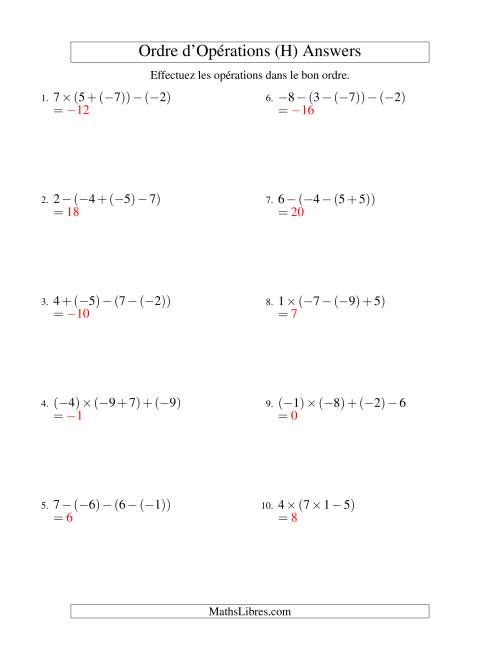 Ordre des opérations avec nombres entiers (trois étapes) -- Addition, soustraction et multiplication (H) page 2