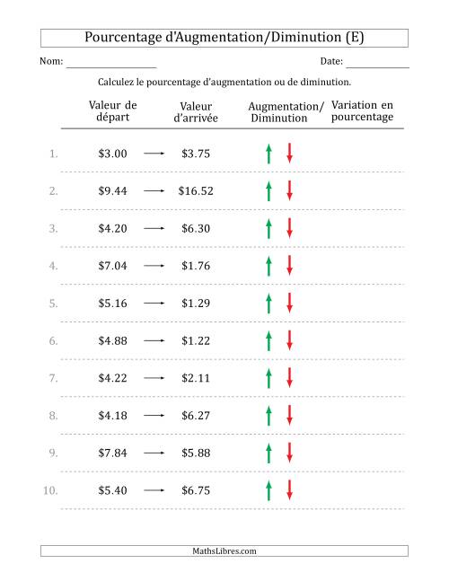 Calcul d'un Pourcentage d'Augmentation/Diminution avec des Montants Décimaux en Dollars avec des Intervales de 25 Pour Cent (E)