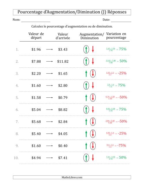 Calcul d'un Pourcentage d'Augmentation/Diminution avec des Montants Décimaux en Dollars avec des Intervales de 25 Pour Cent (J) page 2