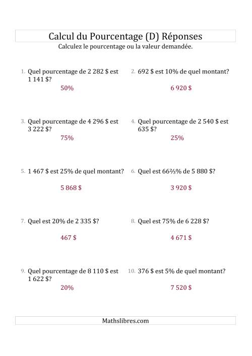 Problèmes de Pourcentage Mixtes avec des Montants de Nombres Entiers et la Sélection de Pourcentages (Sommes en Dollars) (D) page 2